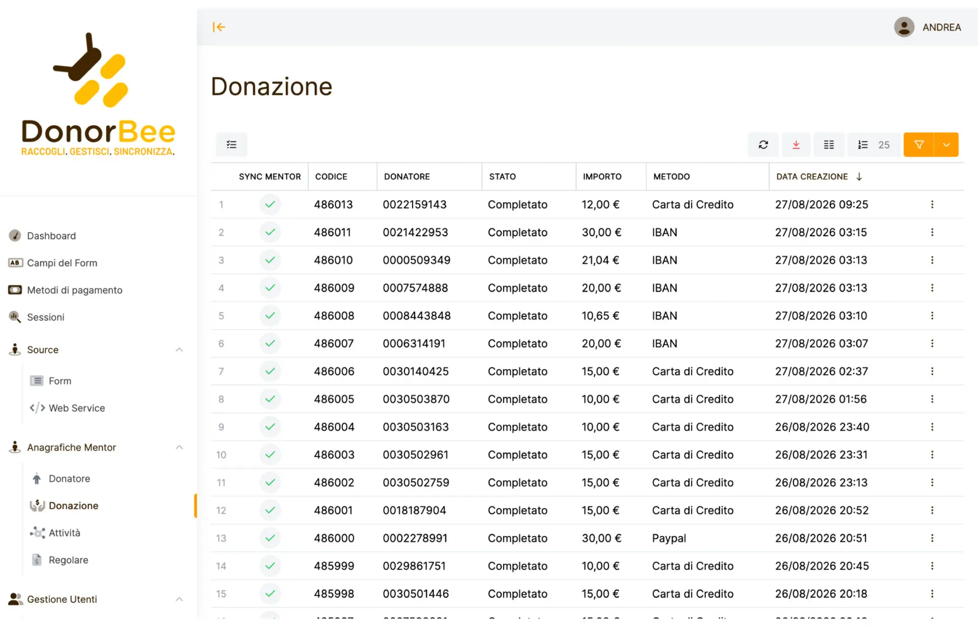Sistema donazioni Donorbee integrato — step 1